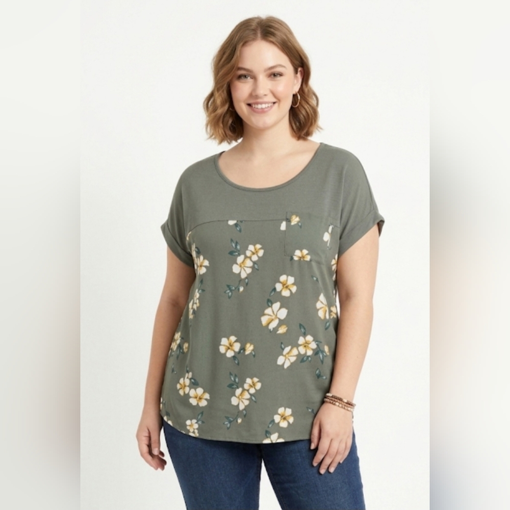 🌿 Denver Hayes Olive Green Floral Mixed Media Blouse Top ✨️Size XL 🌸